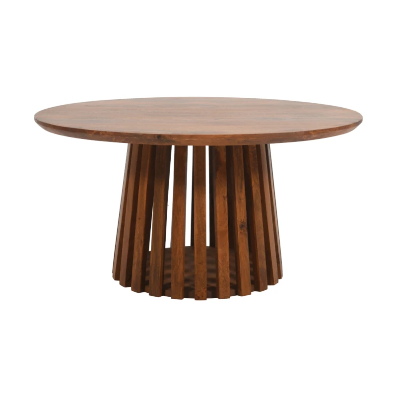 Image of Indian Hub Slatted Mango Wood Round Coffee Table 80Cm