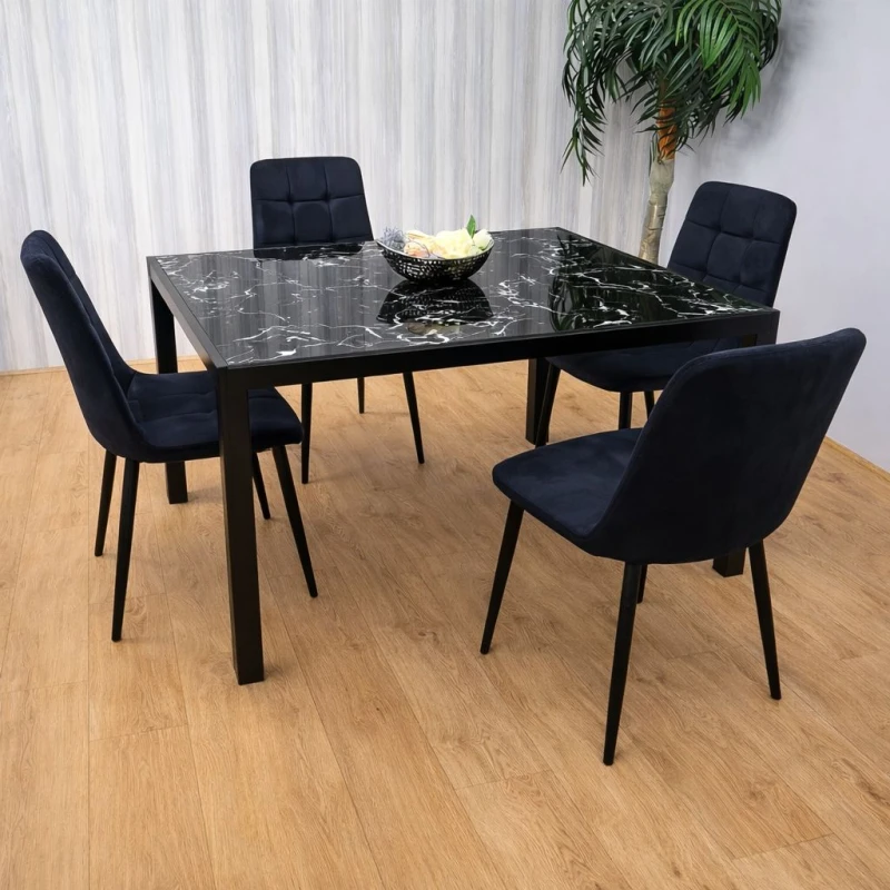 Image of KOSY KOALA KOSY KOALA Black Glass Marble Effect Dining Table with 4 Tufted Velvet Chairs in Clear Clear One Size Unisex 5060711589558