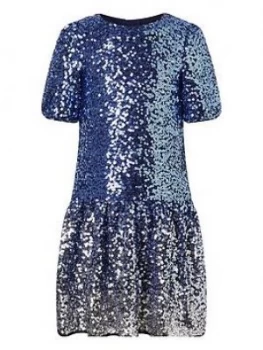 Image of Monsoon Girls Ombre Sequin Drop Waist Dress - Blue, Size 9 Years, Women