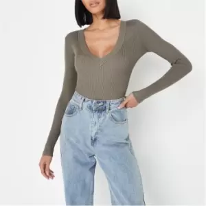 Image of Missguided Rib Knitted V Neck Body - Green