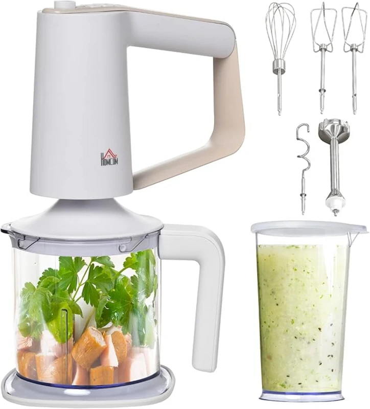 Image of HOMCOM Five-In-One Hand Mixer 500W Electric Whisk Five Speed w/ Stainless Steel Dough Hook Beater Blender Chopper for Kitchen Baking - White