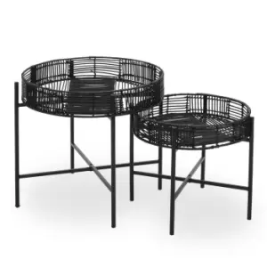 Image of Olivia's Set of 2 Braxton Side Table in Black Rattan & Black Metal