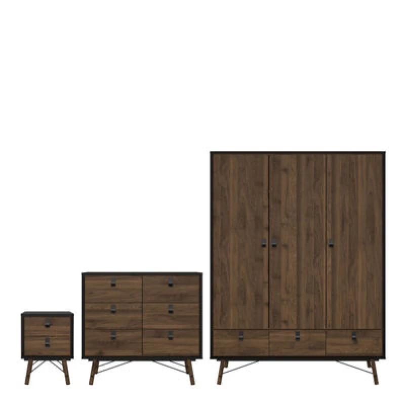 Image of Furniture To Go Ry 3 Piece Bundle, Bedside, Chest And 3 Door 3 Drawer Wardrobe In Matt Black Walnut