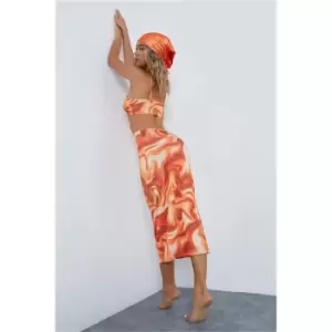 Image of I Saw It First Orange Slinky Abstract Knot Front Midi Dress - Orange