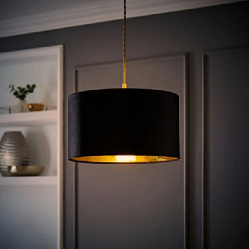 Image of ValueLights ValueLights Reni Black Velvet with Gold Inner Easy Fit Ceiling Lamp Shade and Bulb Size: Medium Black Medium Unisex 5059406062155