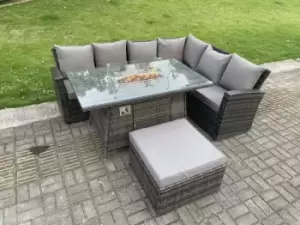 Image of Fimous 6 Seater Outdoor Dark Grey Rattan Lounge Complete Sofa Set Right Side with Gas Fire Pit and Big Footstool
