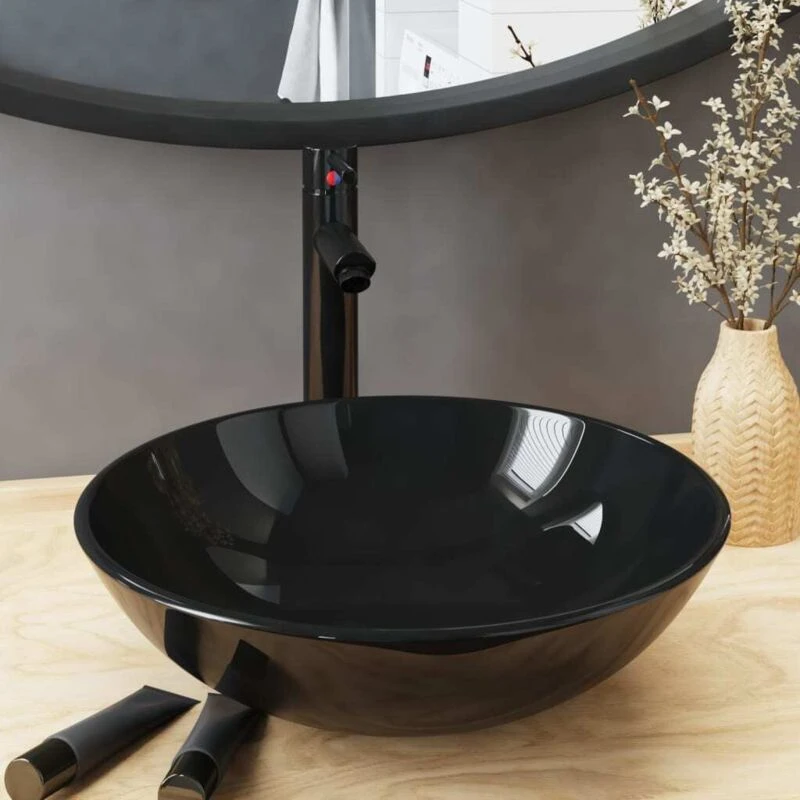 Image of vidaXL Bathroom Sink with Tap and Push Drain Black Tempered Glass, Black 3098450