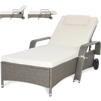 Image of Casaria - Poly Rattan Sun Lounger Cushions Adjustable Back Rest Wheels 193x90cm Beige Grey
