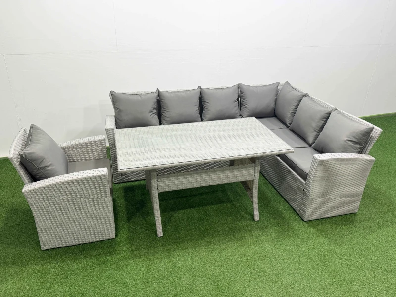 Image of Fimous Rattan Garden Furniture Sets Outdoor 7 Seater Patio Dining Corner Sofa in Light Grey Light Grey Unisex