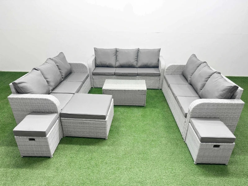 Image of Fimous PE Rattan Lounge Sofa Set 12 Seater Outdoor Garden Furniture Set with Rectangular Coffee Table 3 Seater Sofa 3 Stools Light Grey Light Grey