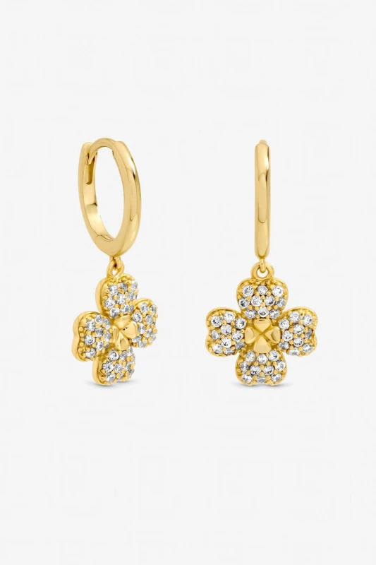 Image of Jon Richard Womens Gold Plated & Pave Clover Huggie Earrings Gold Female One Size