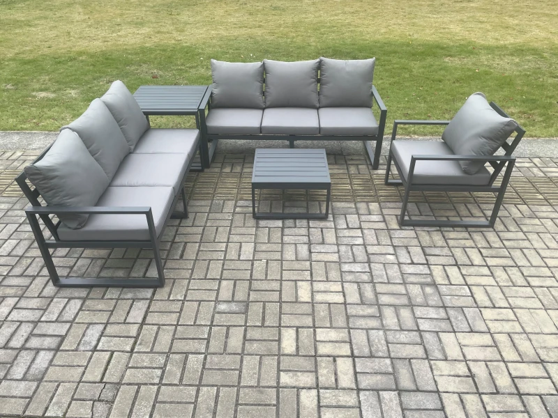 Image of Fimous Aluminium 7 Seater Outdoor Garden Furniture Lounge Sofa Set with Square Coffee Table Chair Side Table Dark Grey Dark Grey Unisex
