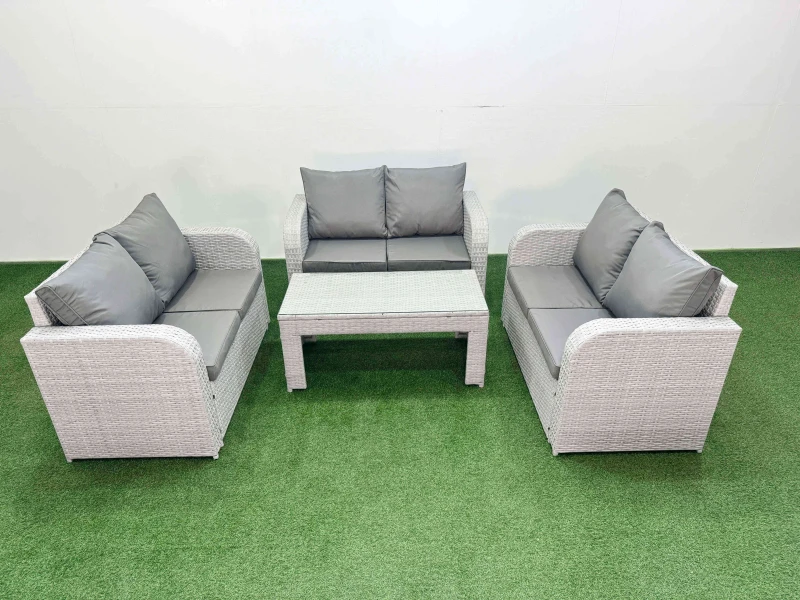 Image of Fimous 6 Seater PE Wicker Rattan Furniture Sofa Sets with Oblong Coffee Table 2 Seater Love Sofa Light Grey Light Grey