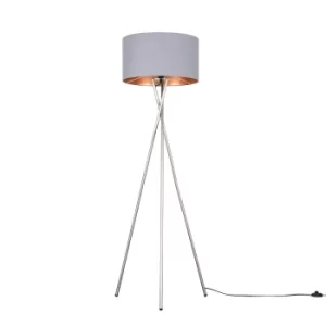 Image of Camden Brushed Chrome Tripod Floor Lamp with XL Grey and Copper Reni S