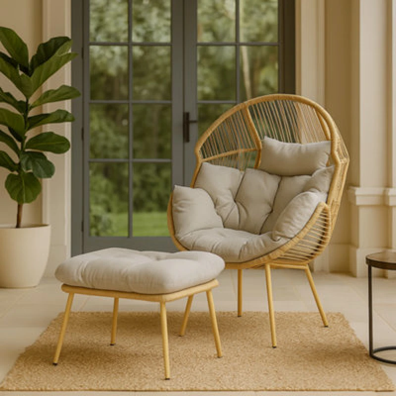 Image of Home Republic Natural Rattan Egg Chair With Footstool Indoor Outdoor Lounger With Cushions Relax In Style