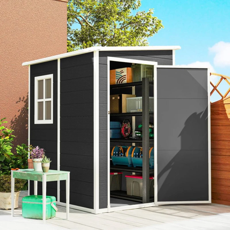 Image of OUTSUNNY Lean to Garden Shed, Plastic Tool Storage House w/ Lockable Door in Black Unisex