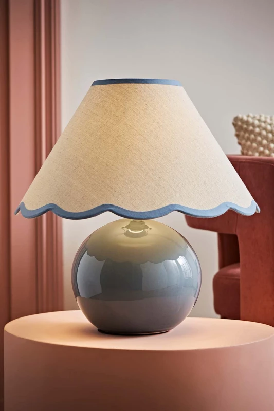 Image of ValueLights Bosco Eucalyptus Teal Ceramic Table Lamp with Natural Linen Scallop Lamp Shade Blue