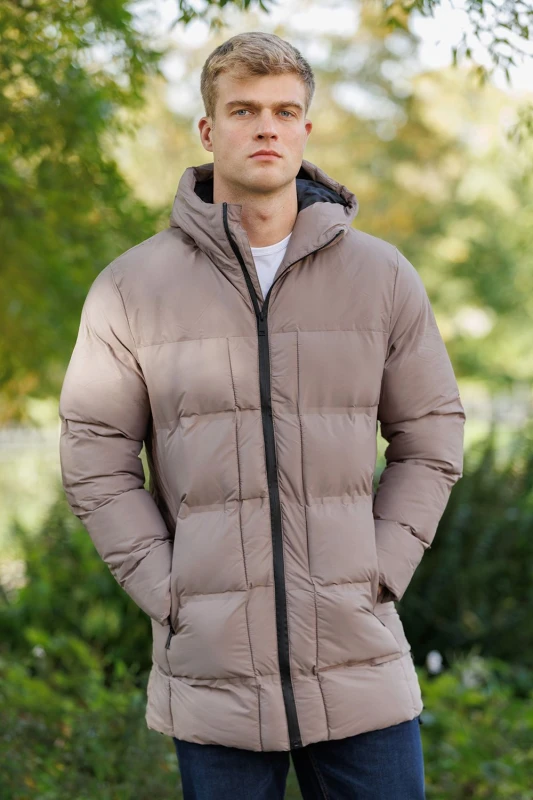 Image of Brave Soul Longline Padded Hooded Jacket Taupe