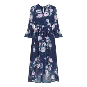 Image of Yumi Navy Floral Dip Hem Midi Dress - Blue