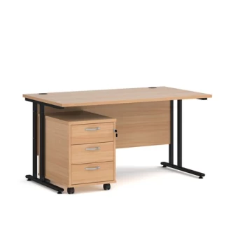 Image of Office Desk Rectangular Desk 1400mm With Pedestal Beech Top With Black Frame 800mm Depth Maestro 25 SBK314B