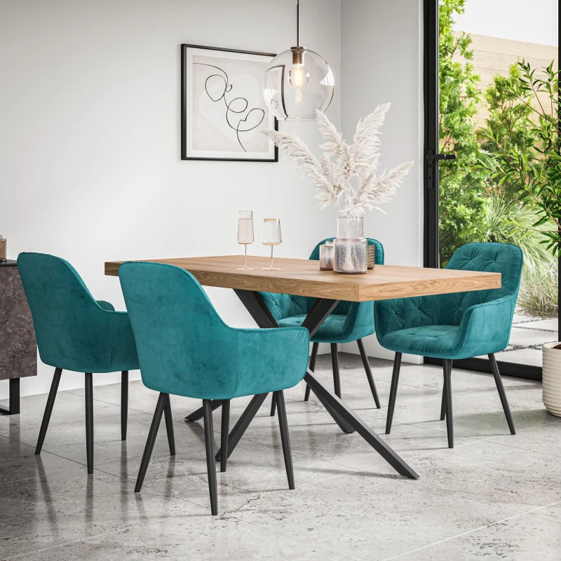 Image of More4Homes Donni Dining Table And Chairs - Oak Effect Table Top W Black Legs + Anika Velvet Dining Chair Set Of 6 (Blue)