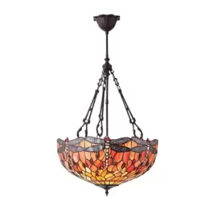 Image of Dragonfly Tiffany 3 Light Large Inverted Ceiling Pendant Bronze, Red