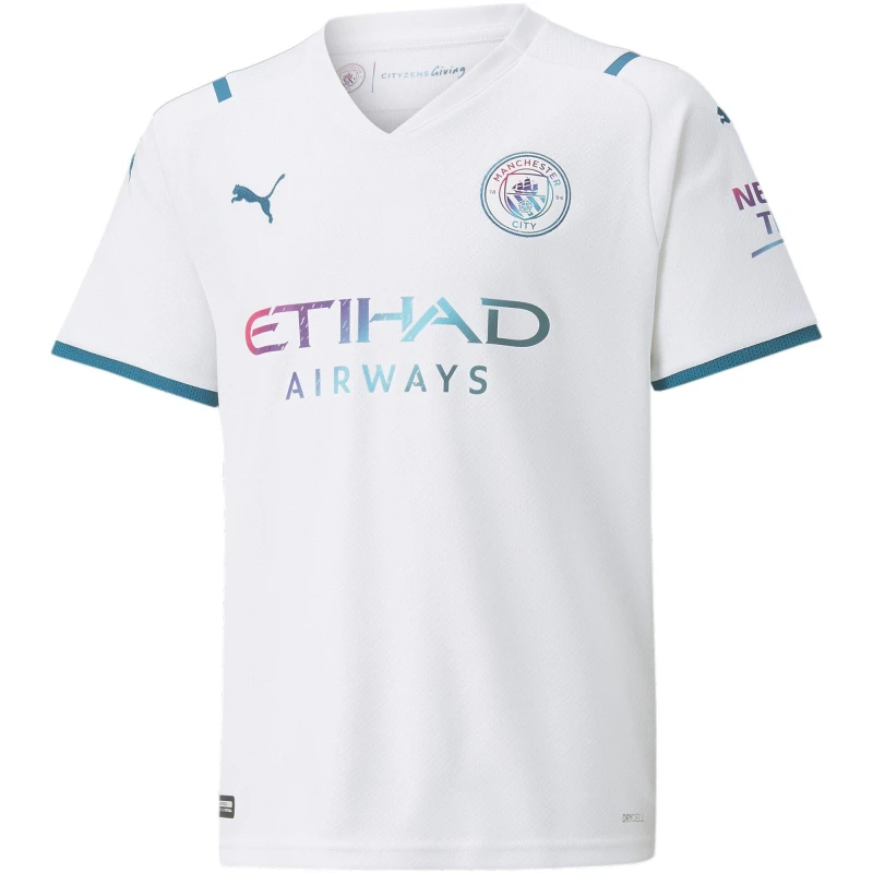 Image of Puma Mcfc Away Shirt Jr W/Sponsor Logo Football Unisex Kids White/Blue unisex 5-6 Yrs