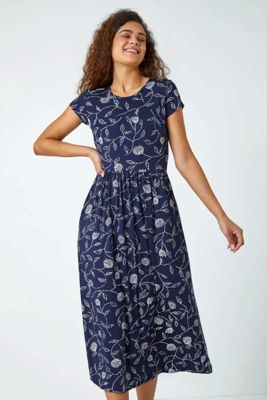 Image of Roman Floral Print Midi Stretch Dress Navy
