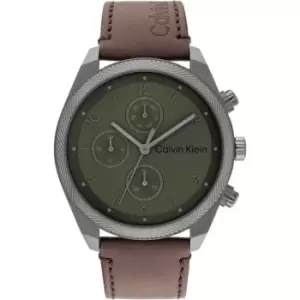 Image of Calvin Klein Mens Calvin Klein brown leather strap watch - Grey, Green and Brown