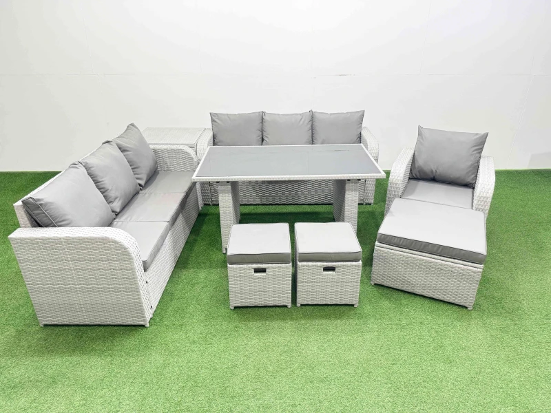 Image of Fimous 10-seater Patio Rectangular Table Sofa Set with Side Table 3 Stools in Light Grey Light Grey Unisex