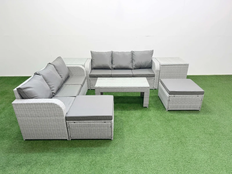 Image of Fimous Outdoor Garden Furniture Sets 8 Seater Wicker Rattan Furniture Sofa Sets with Oblong Coffee Table high Back Lounge Sofa 2 Big Footstool 2 Side