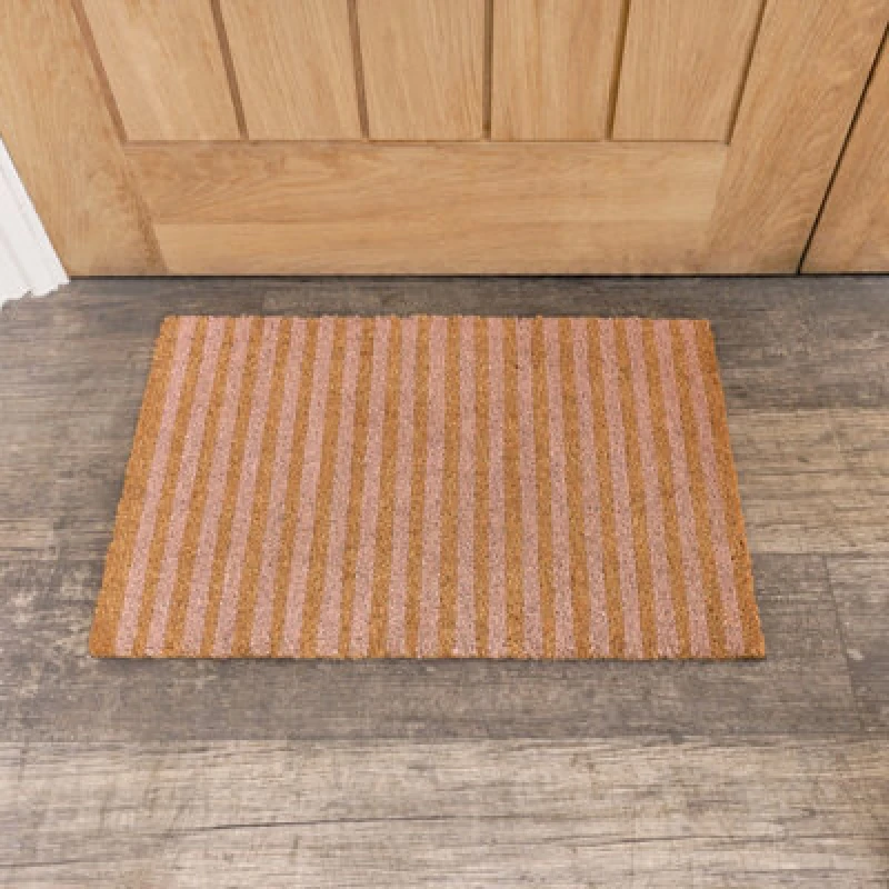 Image of Melody Maison Pink & Natural Stripe Print Coir Door Mat Pale Pink