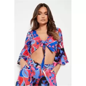 Image of I Saw It First Blue Printed Knot Front Flared Sleeve Top - Blue