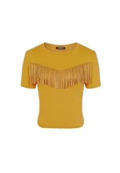 Image of Girls On Film Womens/Ladies Rockferry Fringed T-Shirt (10 UK) (Mustard Yellow)