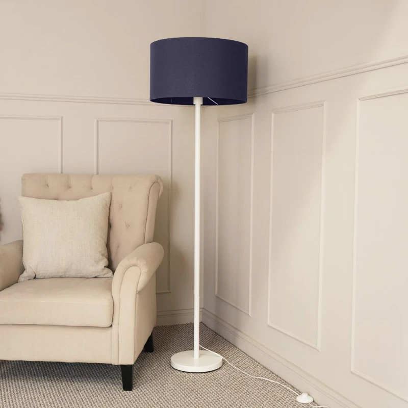 Image of ValueLights Charlie White Metal Single Stem Floor Lamp with Fabric Drum Lamp Shade Navy