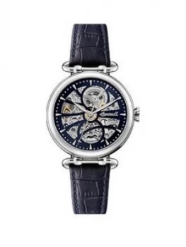 Image of Ingersoll Ingersoll Star Navy And Silver Detail Skeleton Automatic Dial Navy Leather Strap Ladies Watch