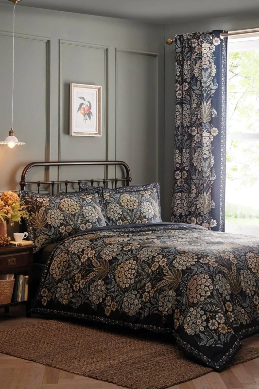 Image of Appletree Evelina Cotton Sateen Floral Duvet Cover - Navy Navy unisex Double