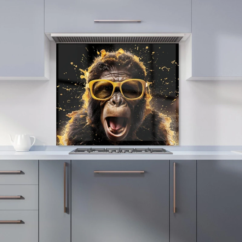 Image of Warren Reed - Designer Splashart Monkey Face With Yellow Glasses Kitchen Splashback in Orange Size: 700mm x 650mm Orange Unisex 700mm x 650mm