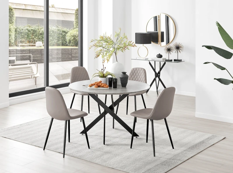 Image of FurnitureboxUK FurnitureboxUK Novara Grey Concrete Effect Black Leg 120cm Round Dining Table & 4 Corona Black Leg Chairs in Beige Beige One Size Unise