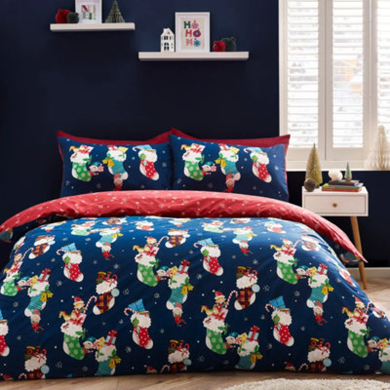 Image of Catherine Lansfield Catherine Lansfield 'Christmas Elves' Cotton Rich Duvet Cover Set in Navy Size: Single Navy Single Unisex 5057681188676