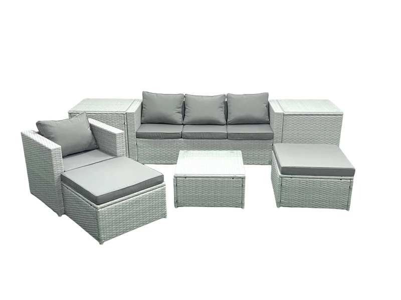 Image of Fimous Garden Outdoor Furniture Set 6 Seater Rattan Sofa Set with 2 Big Footstools Armchair 2 Side Tables Light Grey Mixed Light Grey