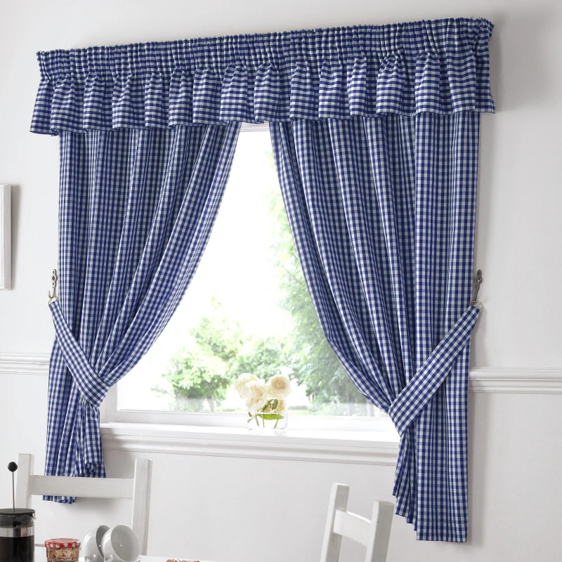 Image of Alan Symonds Gingham Kitchen Curtains - Blue Blue 117x122cm