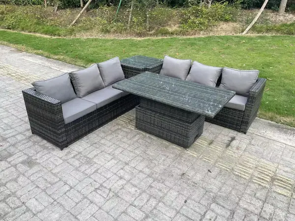 Image of Fimous 6 Seater Outdoor Dark Grey Rattan Lounge Complete Sofa Set with Adjustable Rising Lifting Dining Table and Side Table