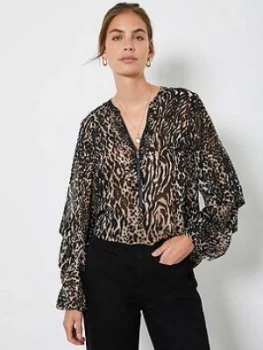 Image of Mint Velvet Faye Animal Print Zip Front Blouse - Neutral