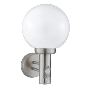 Image of 1 Light Outdoor Globe Wall Light Satin Silver with Motion Sensor IP44, E27