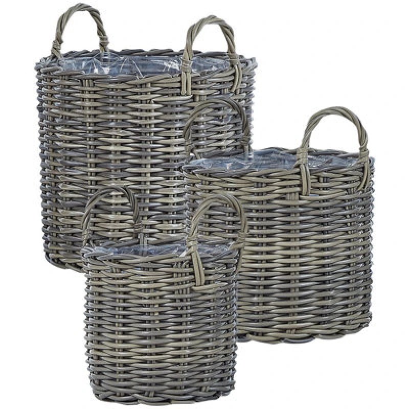 Image of Beliani Set Of 3 Plant Pots Nikiti Pe Rattan 29/35/40 Cm Taupe