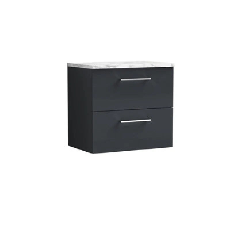 Image of NUIE Nuie - Arno Wall Hung 2-Drawer Vanity Unit with Carrera Marble Worktop 600mm Wide - Satin Anthracite ARN1424LCM