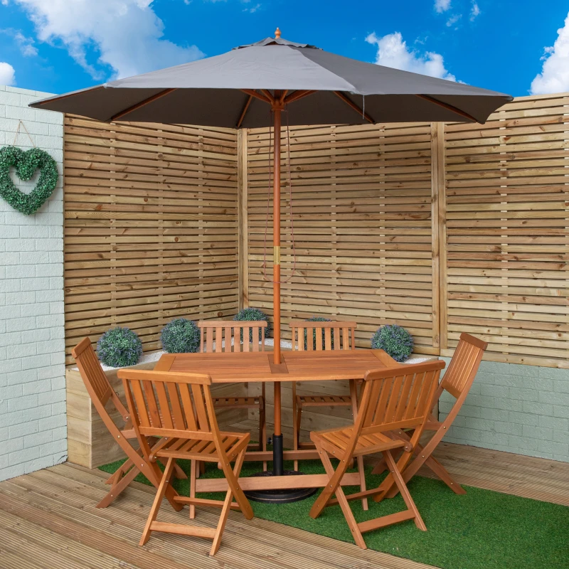 Image of Outdoor 6 Person Folding Rectangular Wooden Garden Dining Table Chairs Grey Parasol and Base set