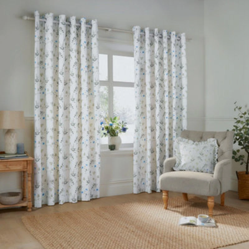 Image of Wylder Nature Meadow Room Darkening 100% Cotton Eyelet Curtain Pair White/cornflower (W)168Cm X (D)183Cm