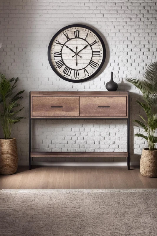 Image of FWStyle FWStyle 2 Drawer Cracked Oak Effect Hallway Console Table in Brown Brown One Size Unisex 5056413124029